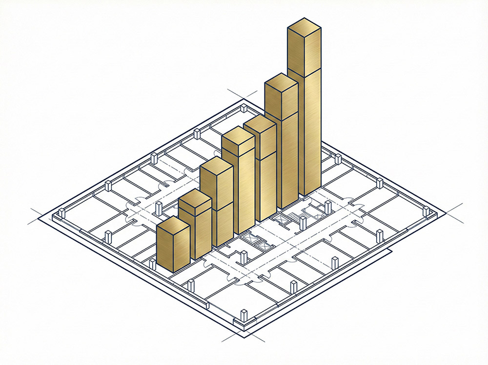 An isometric line drawing of a floor plan with gold bars of increasing height rising out of it.