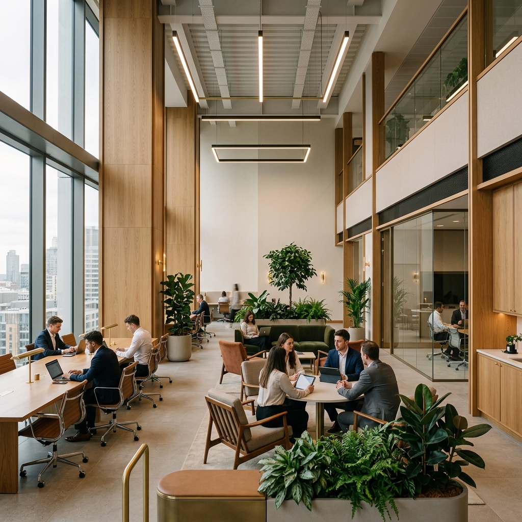 Premium flexible workspace design displaying architectural hospitality seating and creative professionals working productively in 2025.