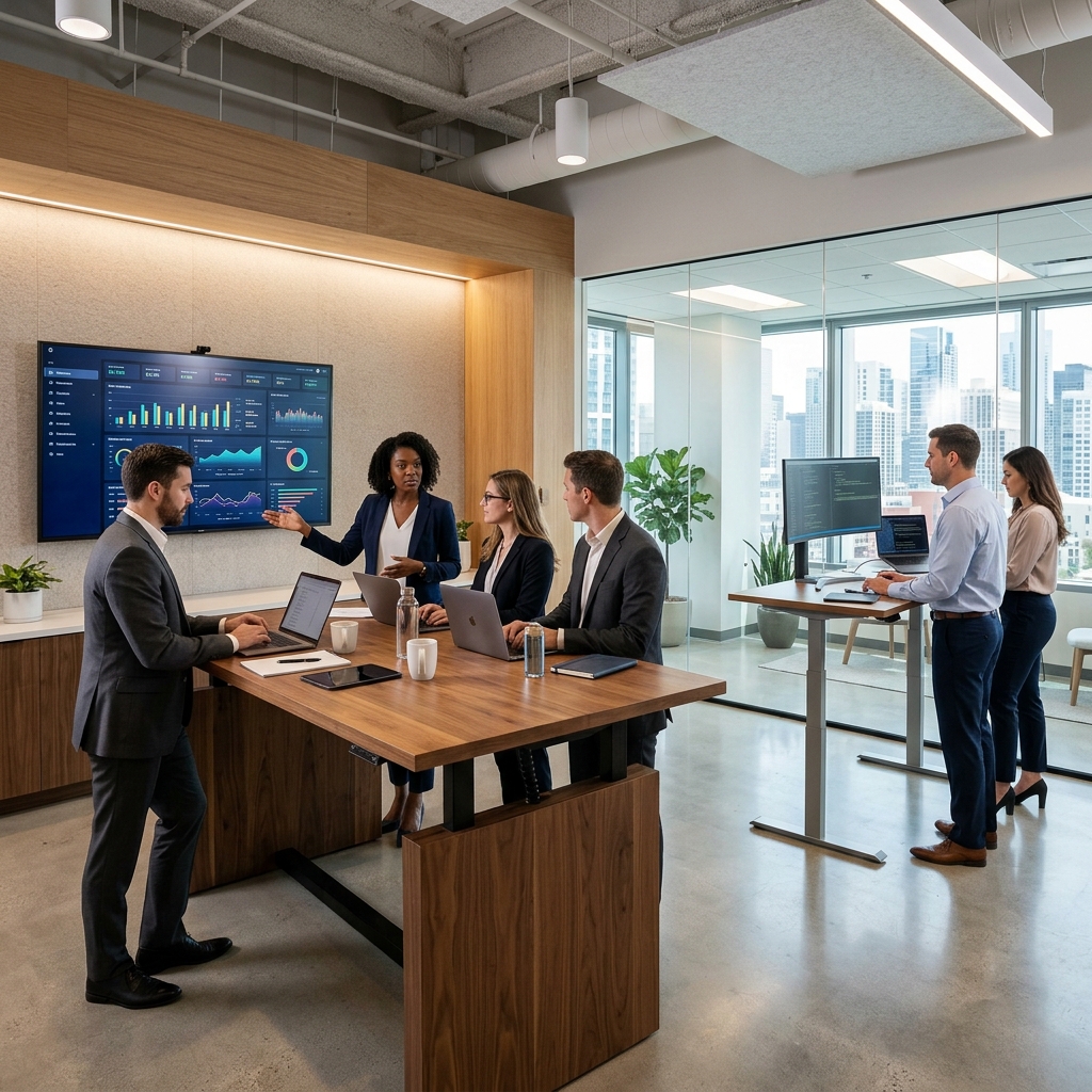 Corporate enterprise team working in a premium private coworking suite with city skyline view and data dashboards.