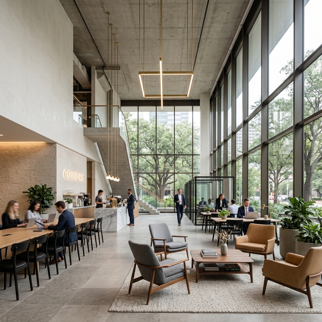 Modern double-height commercial office coworking environment.