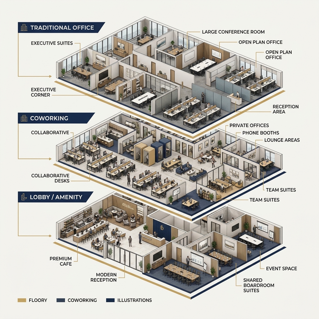 Commercial office building stacking plan showing traditional corporate floors, a premium dense coworking layer, and a welcoming hospitality ground floor lobby.