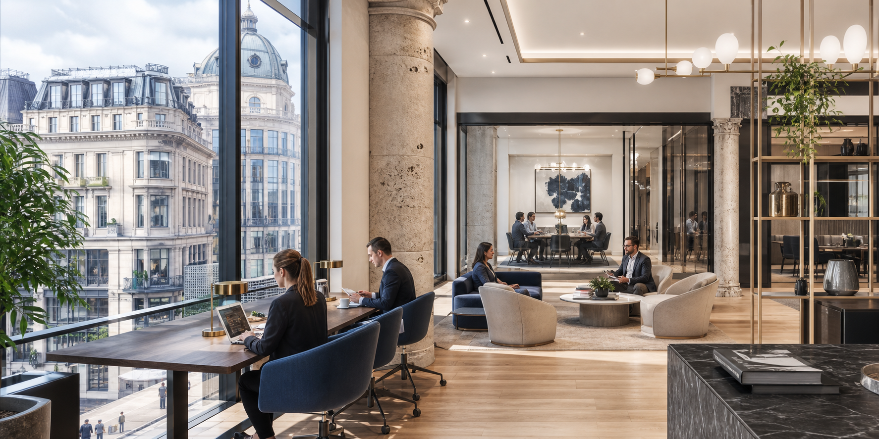 Premium European coworking lounge overlooking a commercial district.
