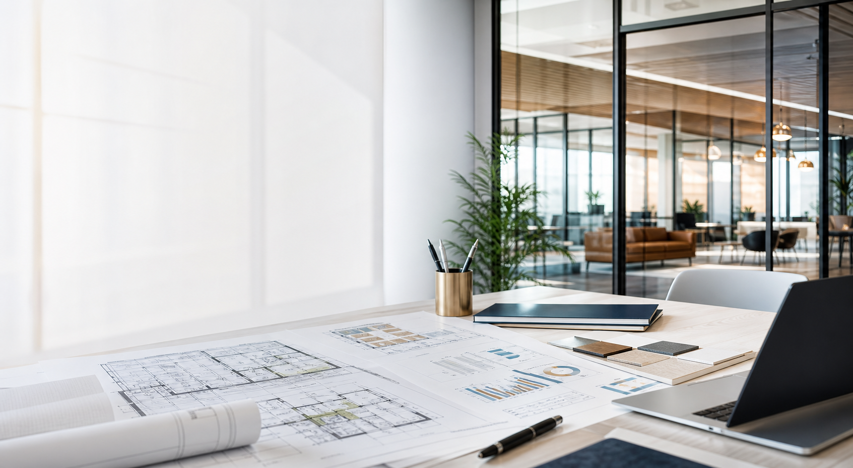 Workspace strategy desk with building plans, financial charts, and flexible office planning materials.