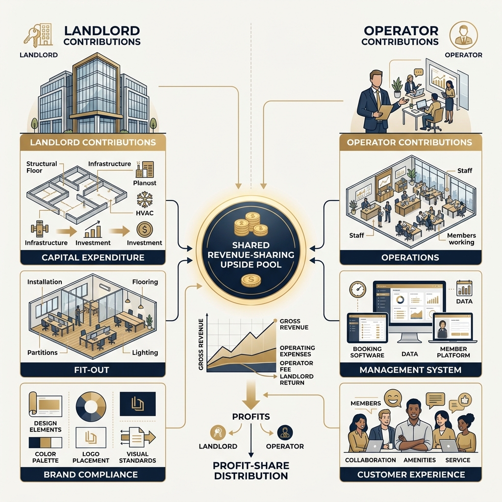 Sleek, premium joint-venture flow diagram showing Landlord Capital Contributions, Operator Operational Contributions, and the Shared Revenue-Sharing Upside Pool.