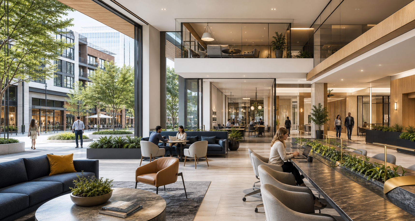Flexible office space connecting retail, residential, and office activity in a modern mixed-use development.