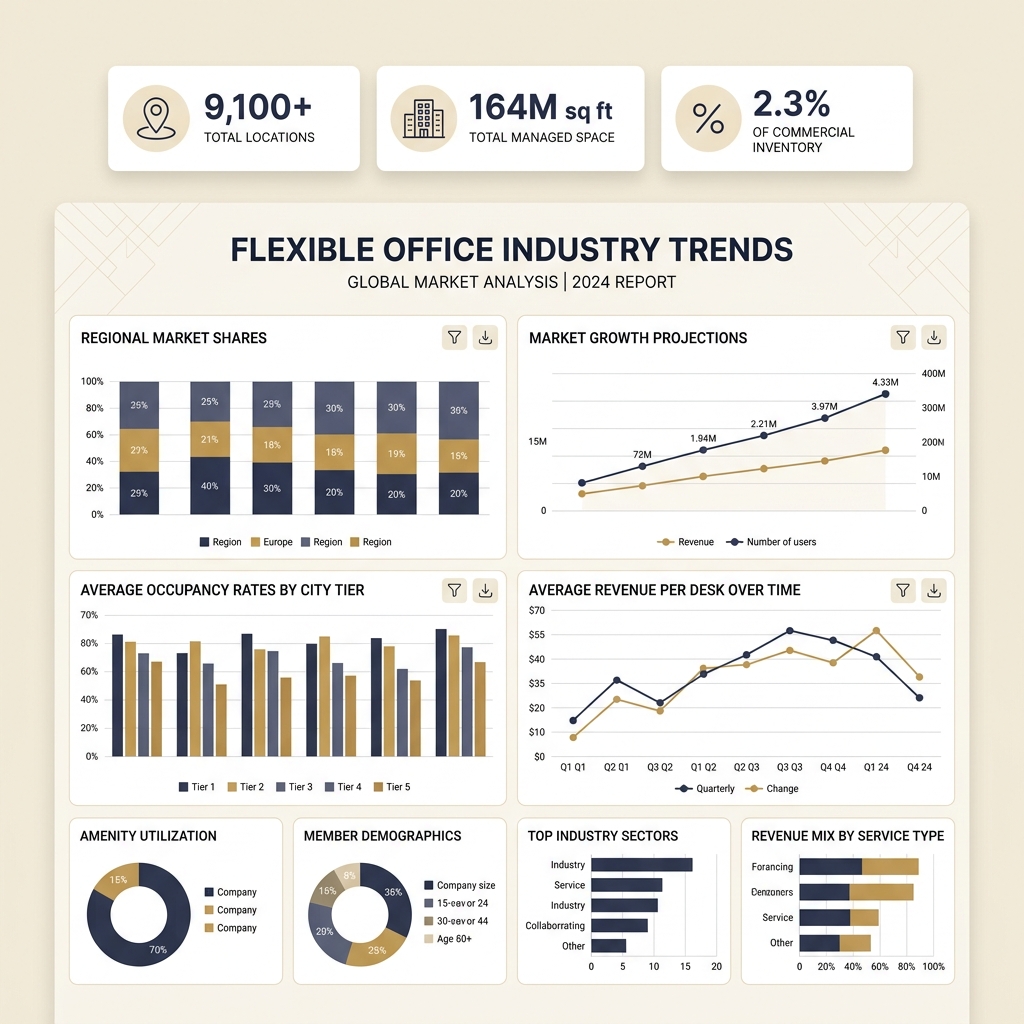 Flexible office industry trends dashboard showing occupancy rates, revenue per desk, market growth, and key statistics for 2026.