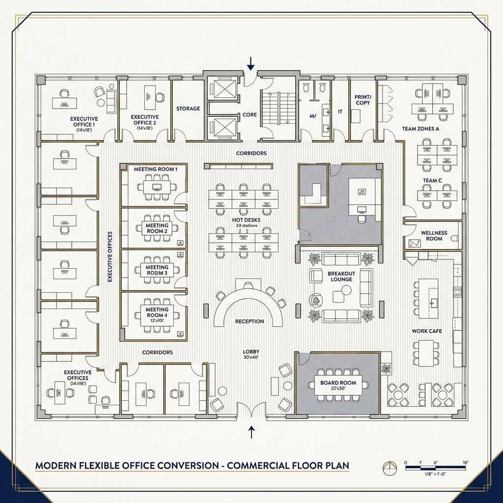 Professional architectural plan of a modern coworking space.
