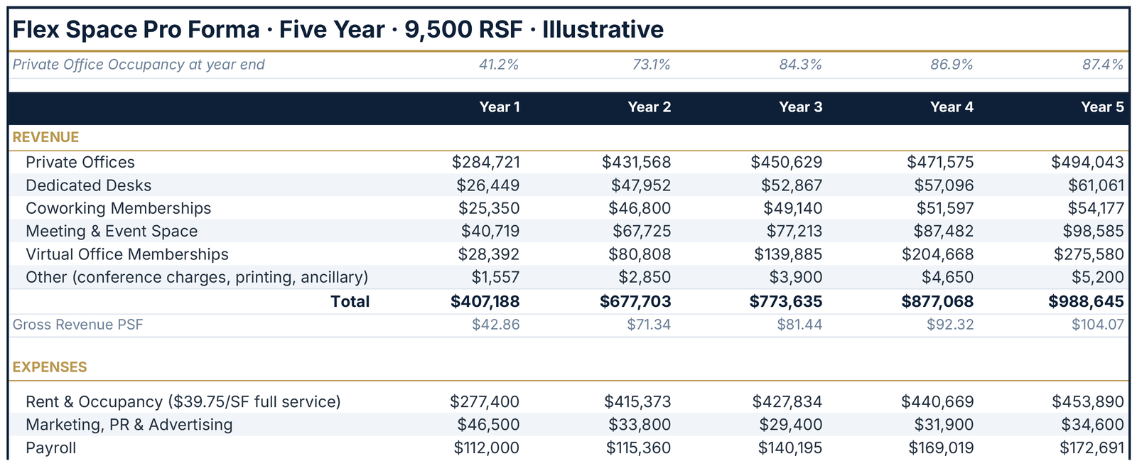 A five-year pro forma statement showing six revenue lines with totals, then the first operating expense lines including rent, marketing and payroll