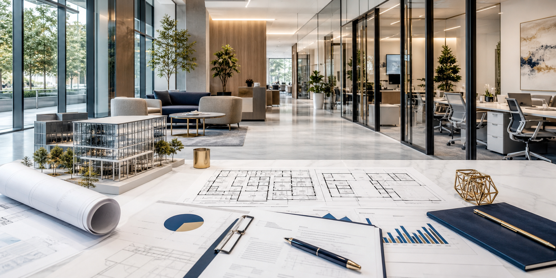 Commercial real estate valuation materials beside a modern coworking floor.