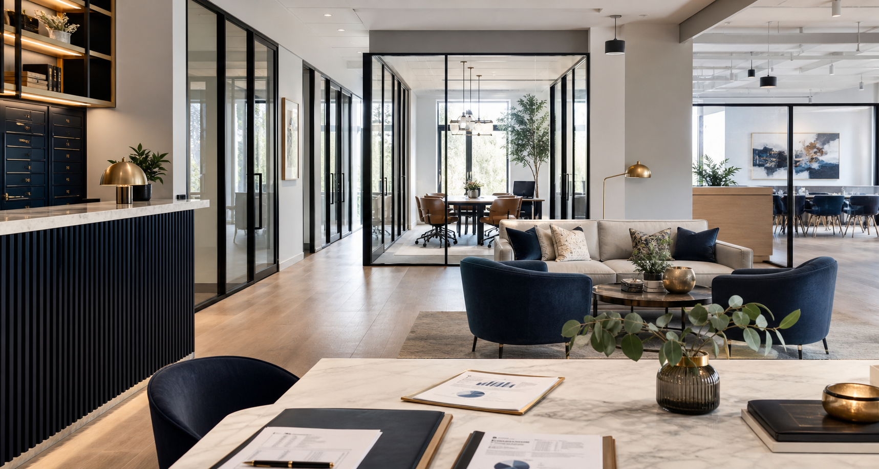 Flexible workspace zones showing private offices, meeting rooms, lounge, and reception.